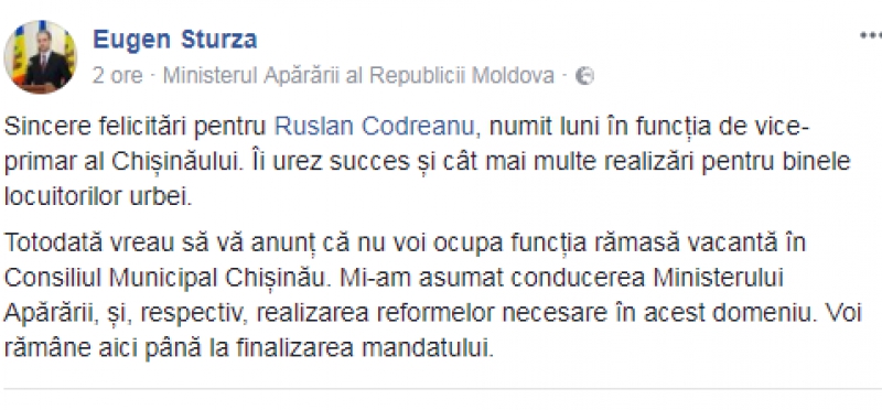 Sturza: Nu voi ocupa funcția rămasă vacantă în Consiliul Municipal Chișinău