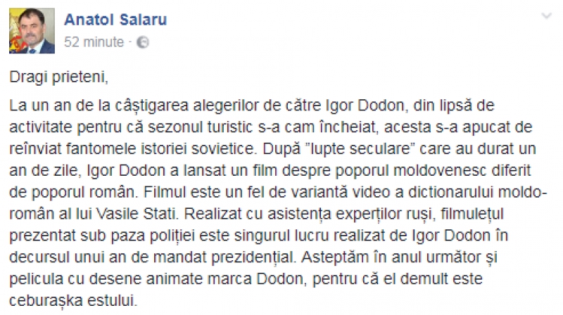 Șalaru, despre filmul „Istoria Moldovei”: Așteptăm în anul următor și pelicula cu desene animate marca Dodon
