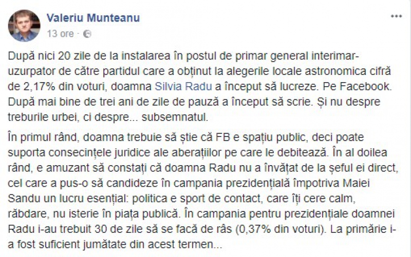 Munteanu îi răspunde Silviei Radu: Ar putea suporta consecințe juridice ale aberațiilor pe care le debitează
