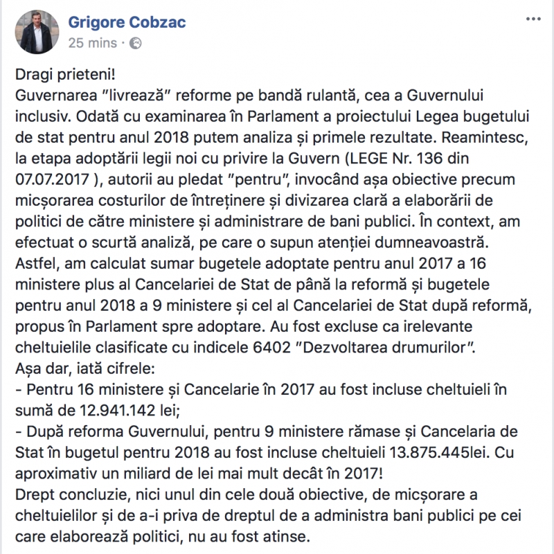 Cobzac, despre reforma Guvernului: Cheltuieli mai mari pentru cele nouă ministere rămase și Cancelarie
