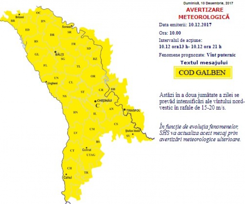 Avertizare meteorologică: Cod galben de vânt puternic