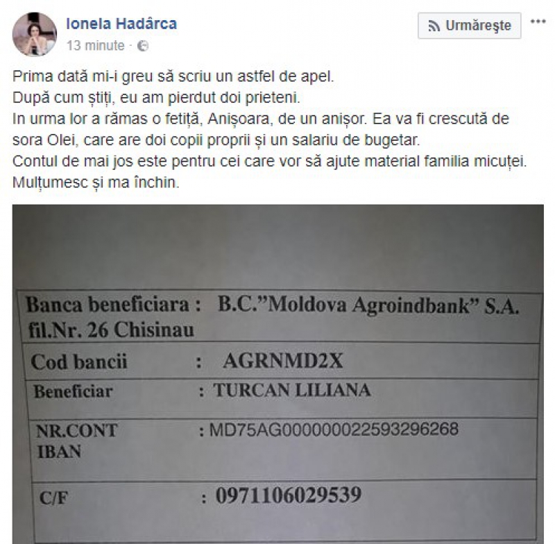 Groaznicul accident de pe traseul Chișinău-Leușeni a lăsat orfană o fetiță de doar un anișor