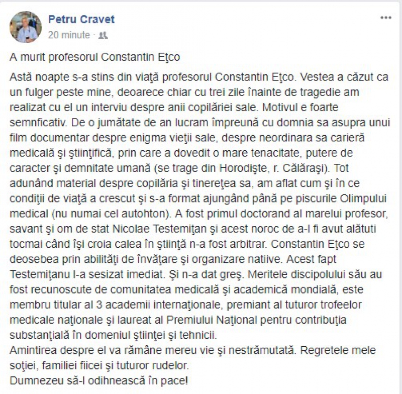 S-a stins din viață profesorul universitar Constantin Ețco