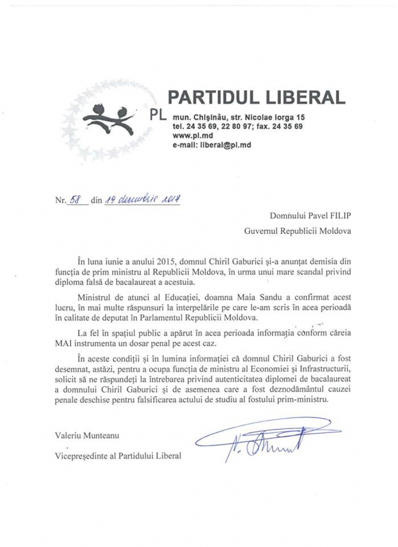 Scandalul cu diploma lui Gaburici revine. Solicitarea lui Munteanu