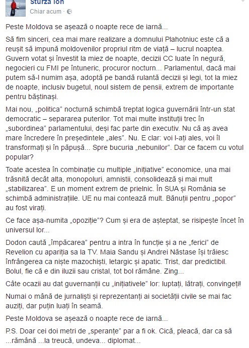 Sturza, despre situația din Republica Moldova: „Peste Moldova se așează o noapte rece de iarnă...”