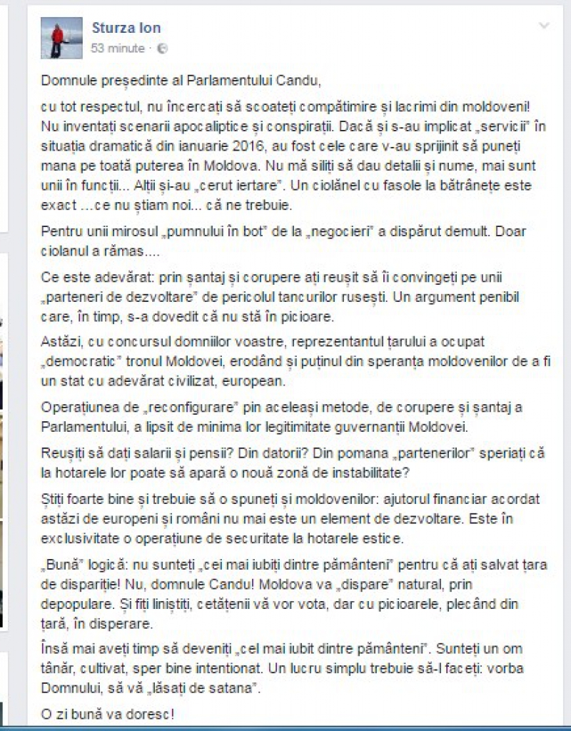 Sturza, despre afirmațiile făcute de Candu: Nu inventați scenarii apocaliptice și conspirații